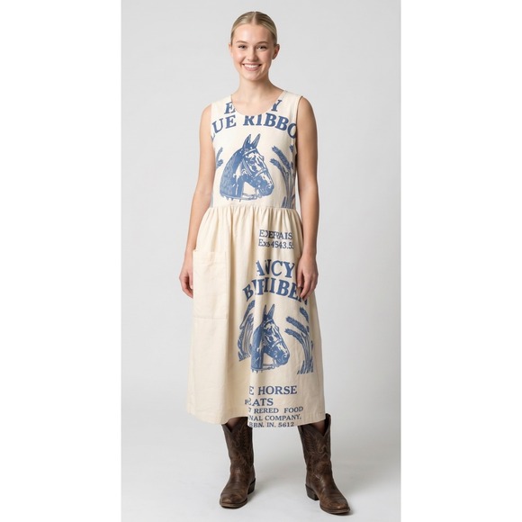 Unbranded Dresses & Skirts - Feed Sack Dress Medium Blue Ribbon Horse Flour Upcycled Cottagecore Farmcore